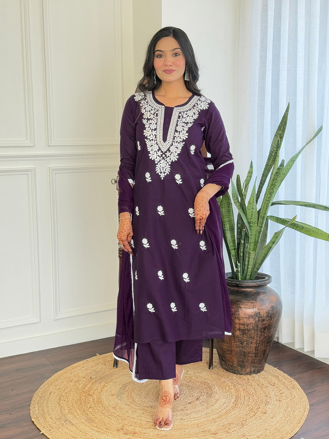 The52 Chikankari Work with Pure Cotton Fabric Straight Kurta, Pant and Dupatta Set | Swadesiicart