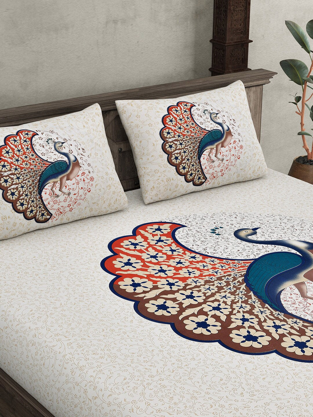 JAIPUR FABRIC Off White & Red Printed 240 TC Cotton King Bedsheet with 2 Pillow Covers | Swadesiicart