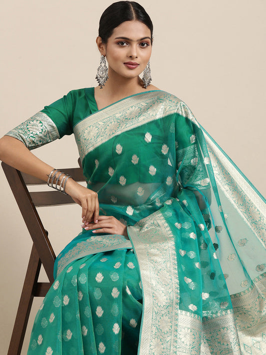 Saree Mall Green Ethnic Motifs Zari Organza Banarasi Saree | Swadesiicart