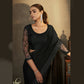 Black Satin Silk Floral Embroidered with Swaroski Work Saree With Unstitched Blouse Piece - Norita Royal Erisha