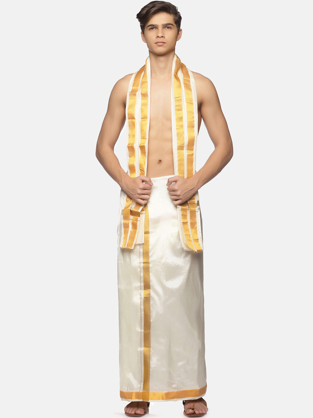 Sethukrishna Men Cream-Coloured Solid Dhotis | Swadesiicart