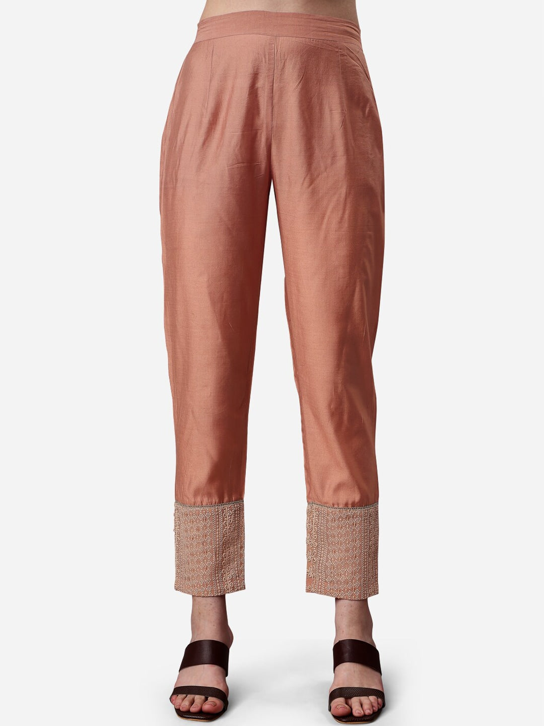 HERE&NOW Lucknowi Chikankari Schiffli Chanderi Silk Kurta Trousers with Organza Dupatta | Swadesiicart