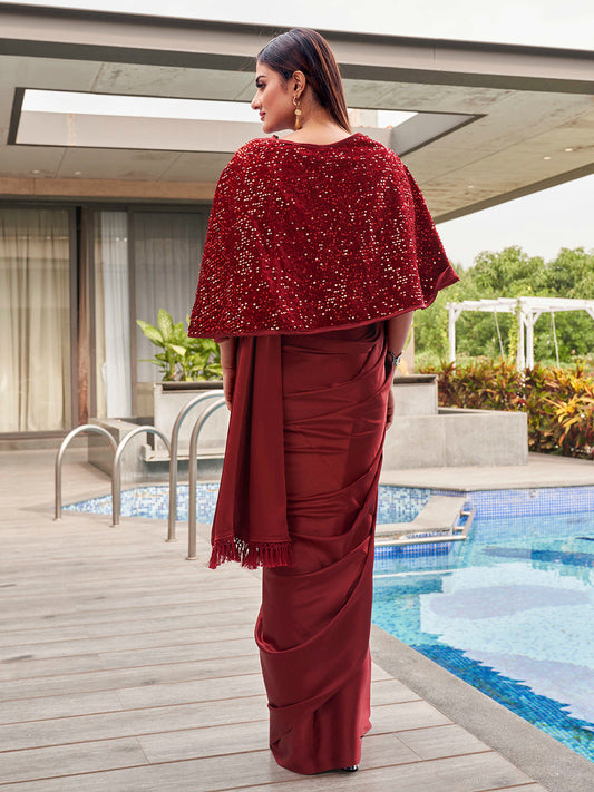 Tikhi Imli Party Satin Saree With Sequined Cape | Swadesiicart