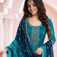 Anaita Teal Blue Green Premium Embroidered Vichitra Silk Salwar Suit