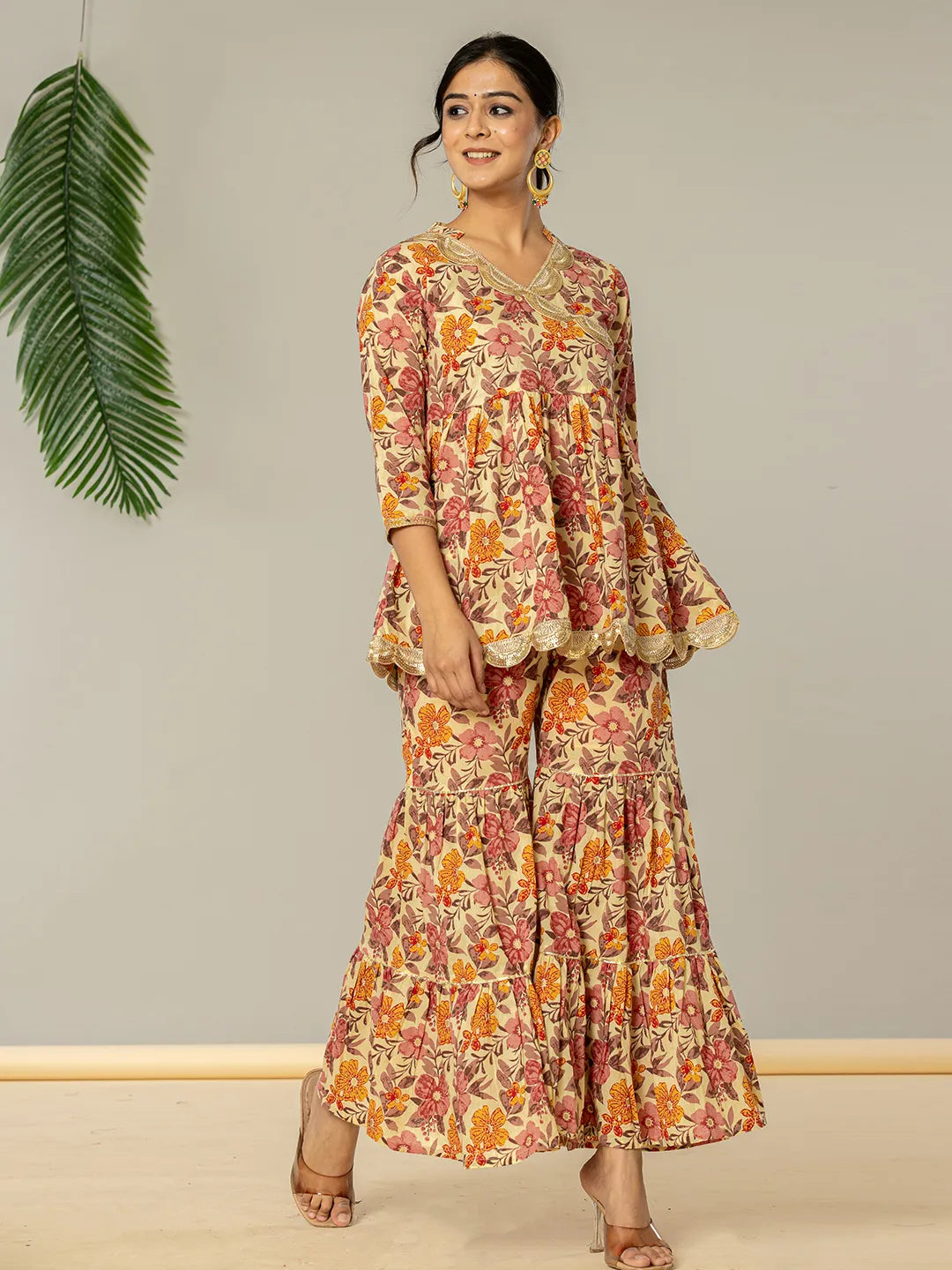 Yufta Beige Cotton Peplum Sharara Co-Ord Set - Swadesiicart