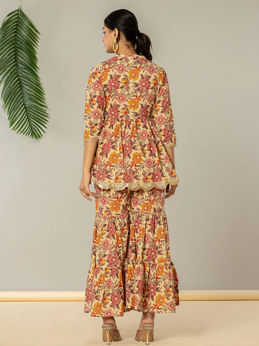 Yufta Beige Cotton Peplum Sharara Co-Ord Set - Swadesiicart