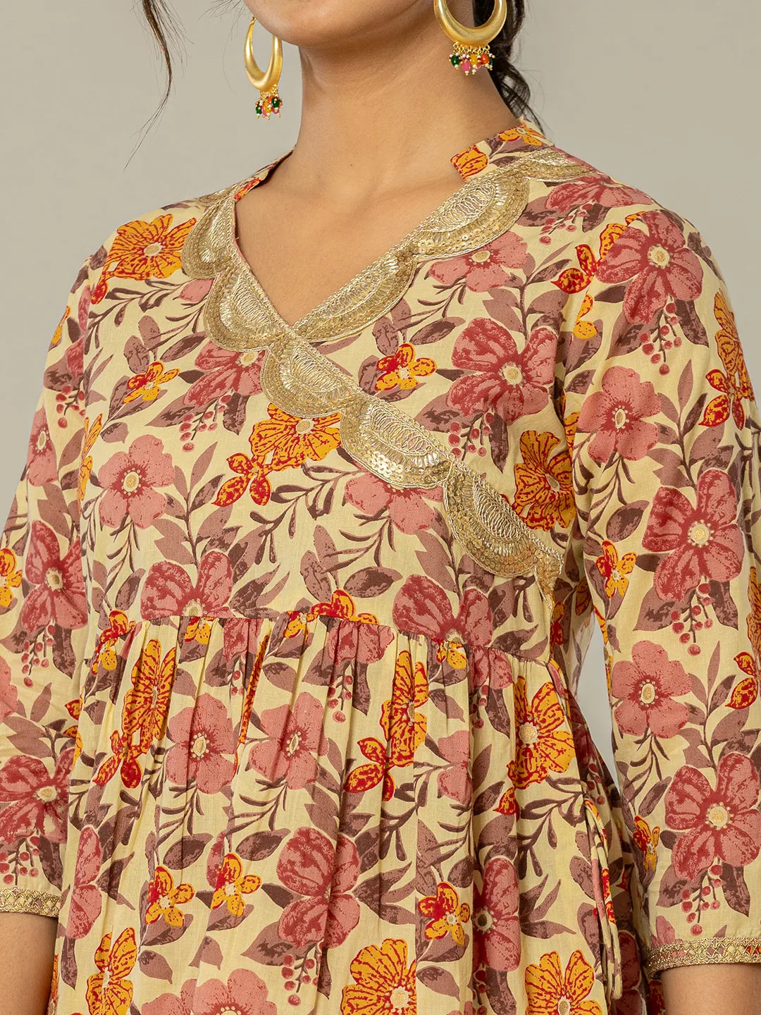 Yufta Beige Cotton Peplum Sharara Co-Ord Set - Swadesiicart