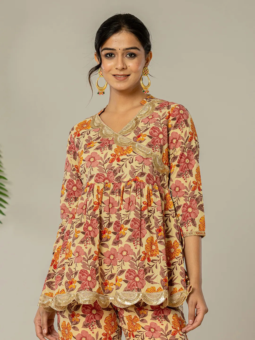 Yufta Beige Cotton Peplum Sharara Co-Ord Set - Swadesiicart