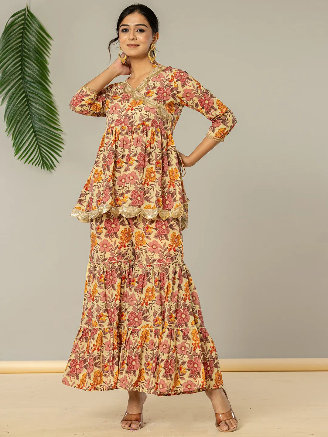 Yufta Beige Cotton Peplum Sharara Co-Ord Set - Swadesiicart