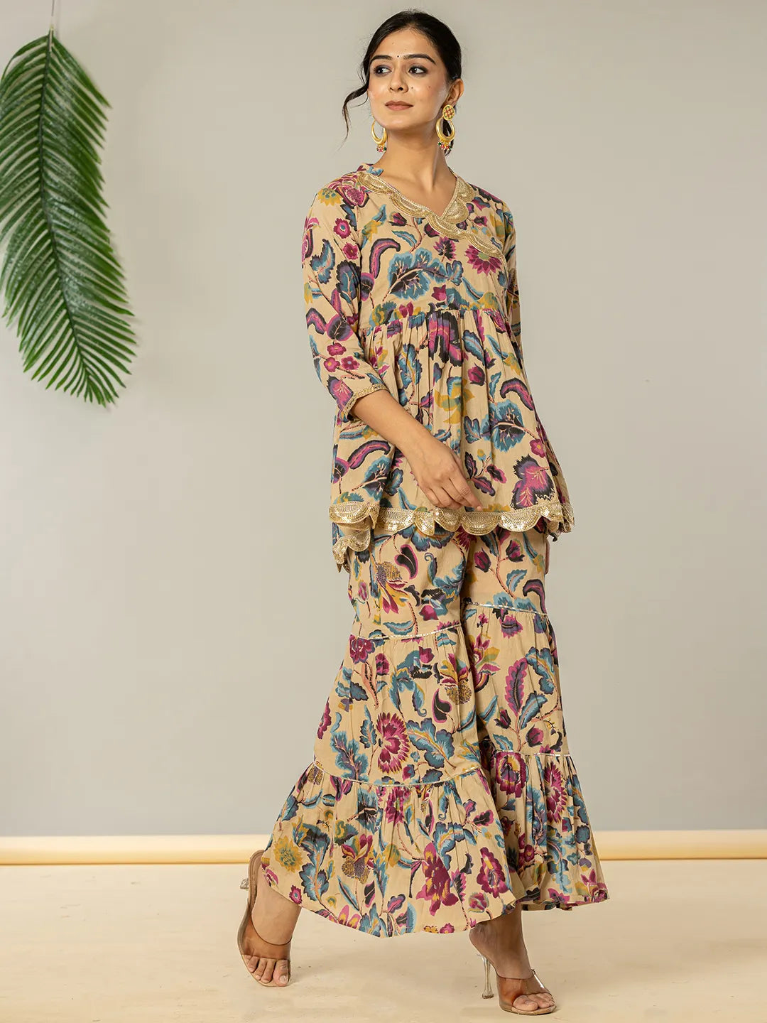 Yufta Multi Cotton Peplum Sharara Co-Ord Set - Swadesiicart
