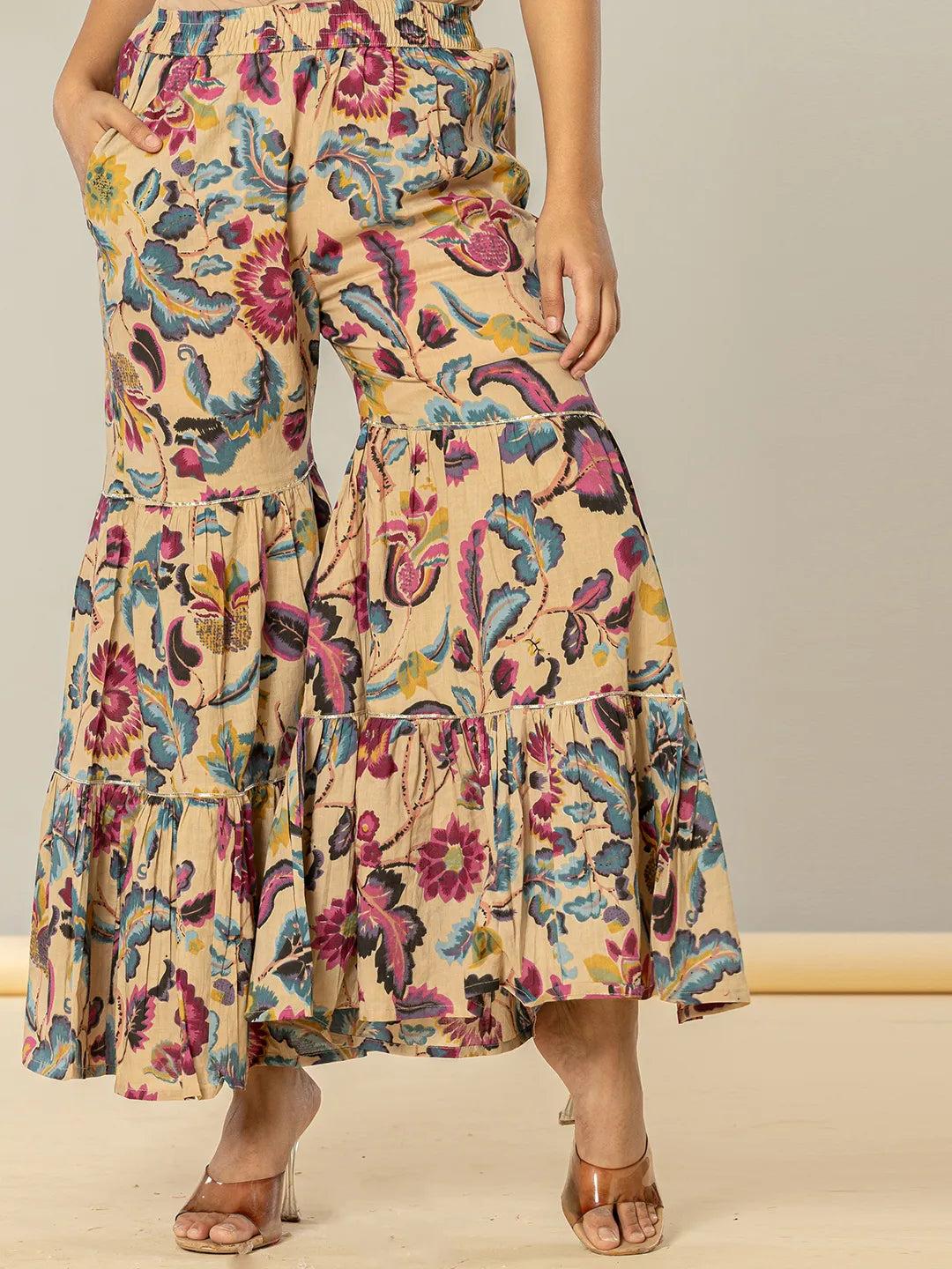 Yufta Multi Cotton Peplum Sharara Co-Ord Set - Swadesiicart