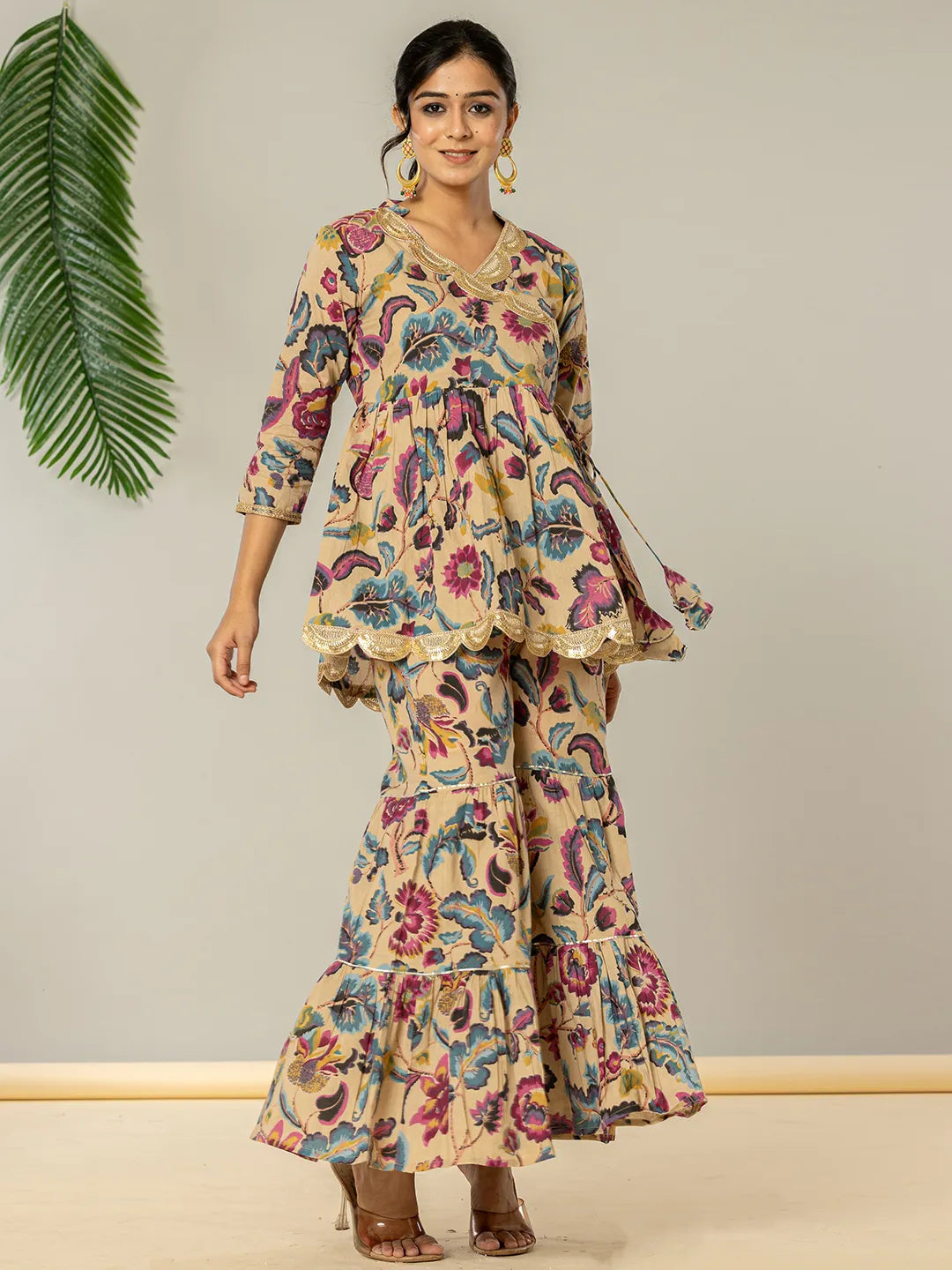 Yufta Multi Cotton Peplum Sharara Co-Ord Set - Swadesiicart