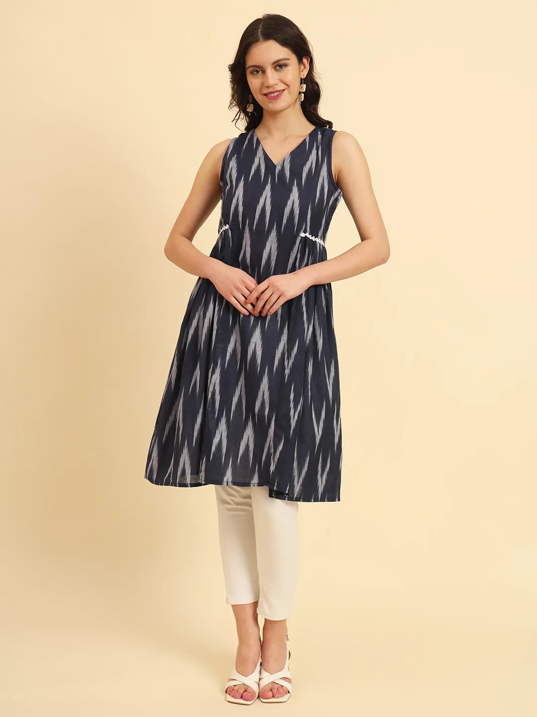 Yufta Ikat Cotton Blue Workwear Kurta With Lace Detailing - Swadesiicart