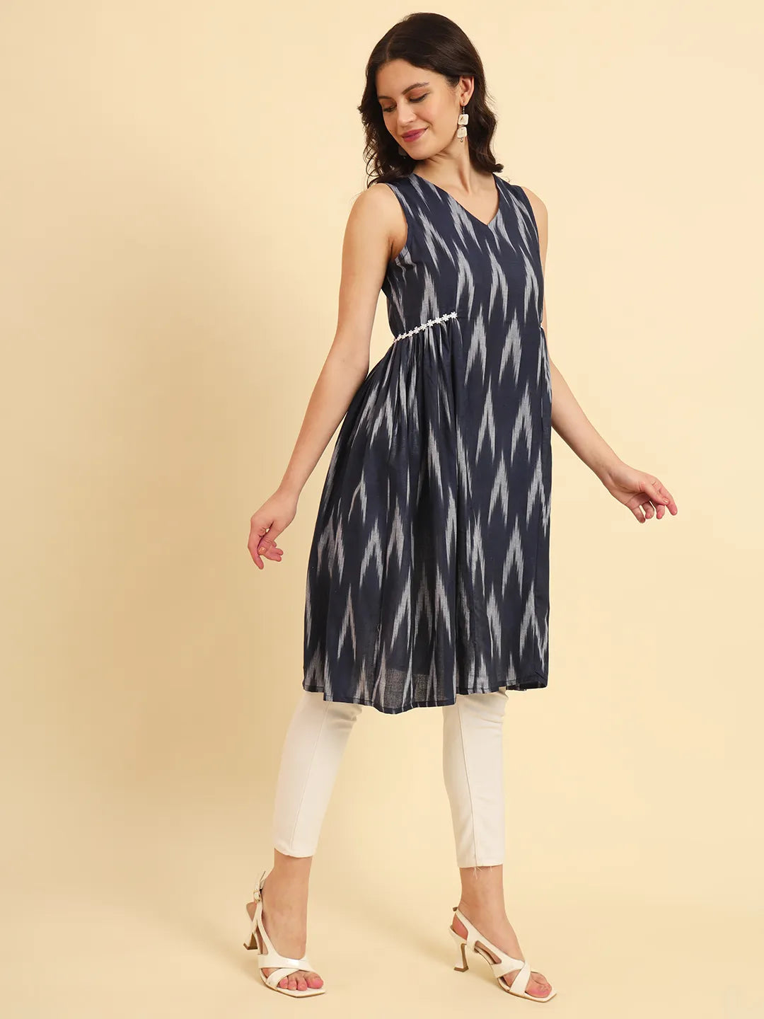 Yufta Ikat Cotton Blue Workwear Kurta With Lace Detailing - Swadesiicart