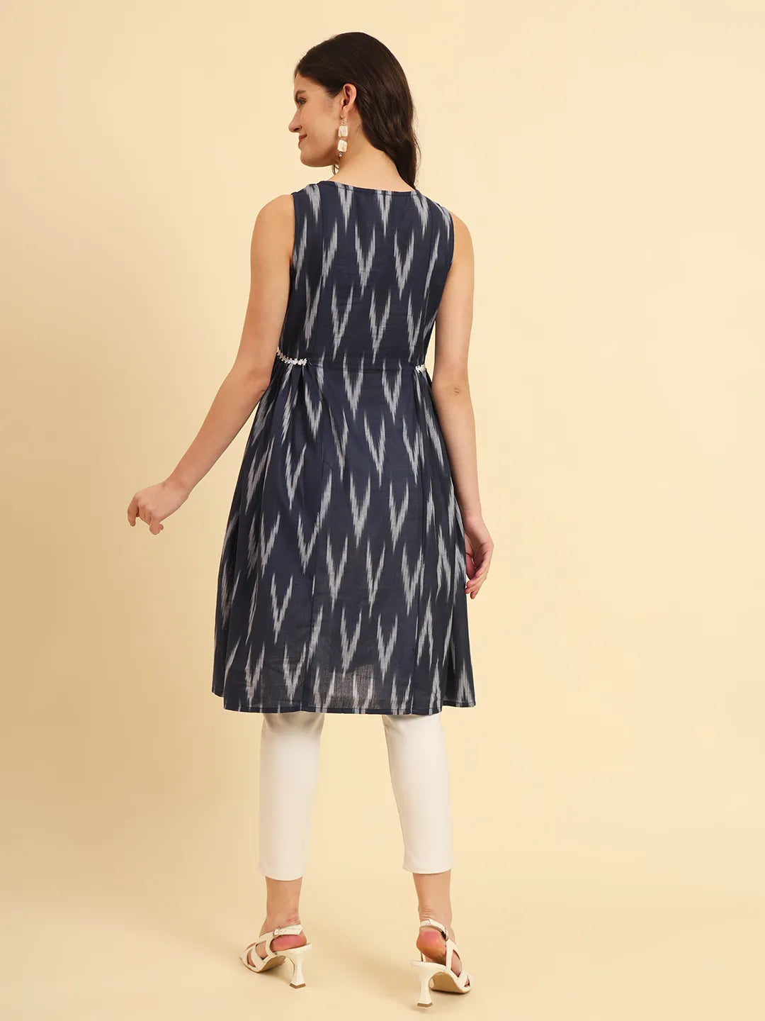 Yufta Ikat Cotton Blue Workwear Kurta With Lace Detailing - Swadesiicart
