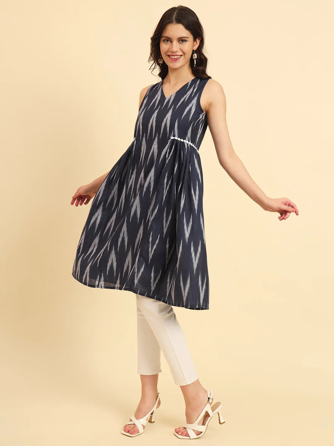 Yufta Ikat Cotton Blue Workwear Kurta With Lace Detailing - Swadesiicart