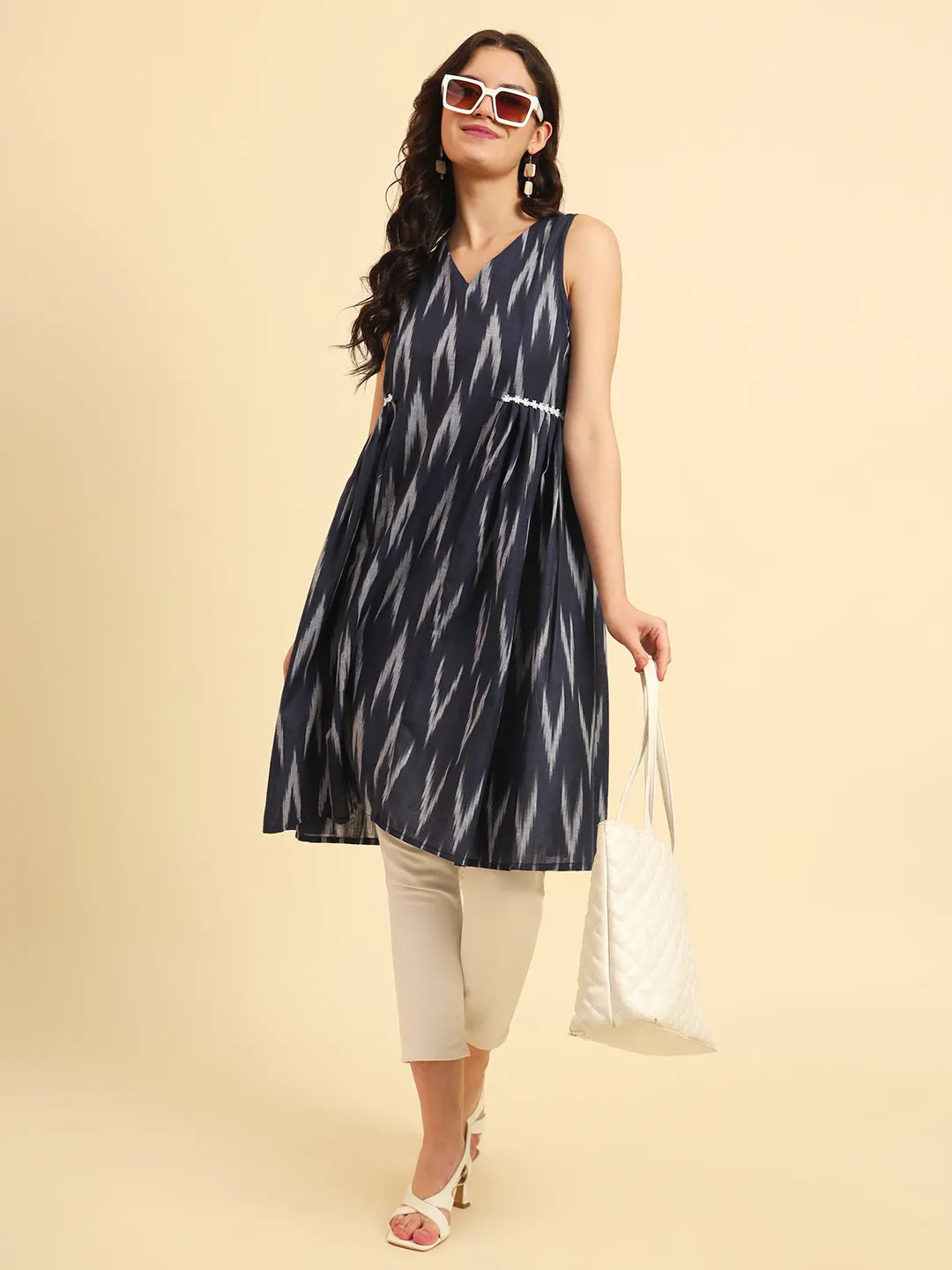 Yufta Ikat Cotton Blue Workwear Kurta With Lace Detailing - Swadesiicart