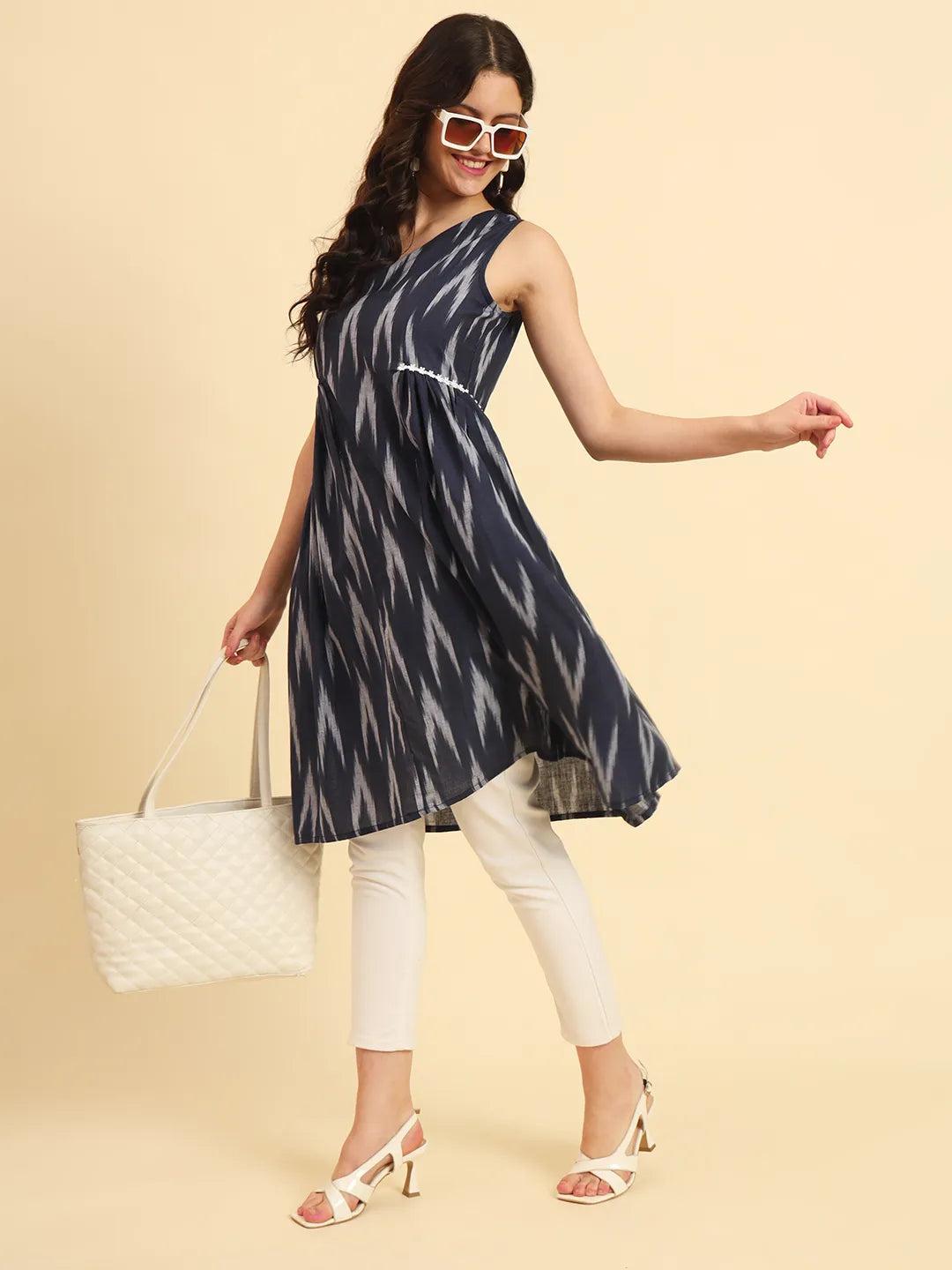 Yufta Ikat Cotton Blue Workwear Kurta With Lace Detailing - Swadesiicart