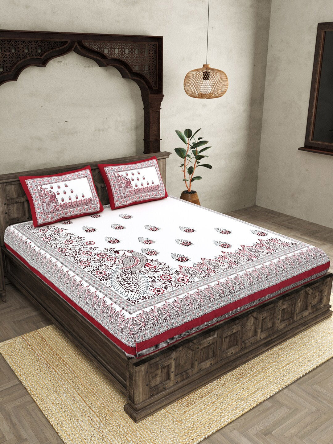 JAIPUR FABRICWhite Red Ethnic Motifs Cotton 250 TC King Bedsheet With 2 Pillow Covers | Swadesiicart