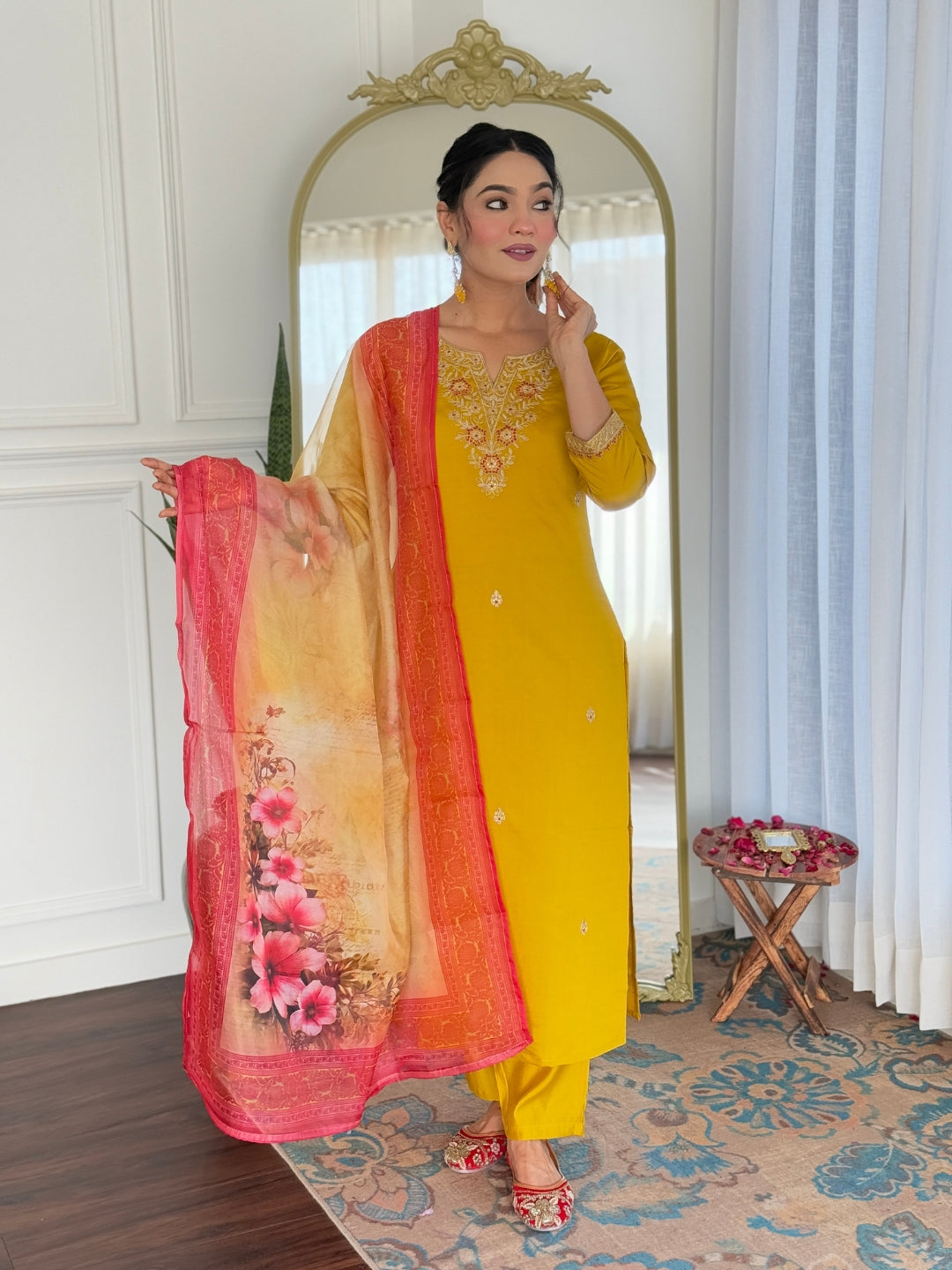 The52 Women's Beautiful Rayon Embroidery work Straight Kurta with Pant and Dupatta Set - Swadesiicart