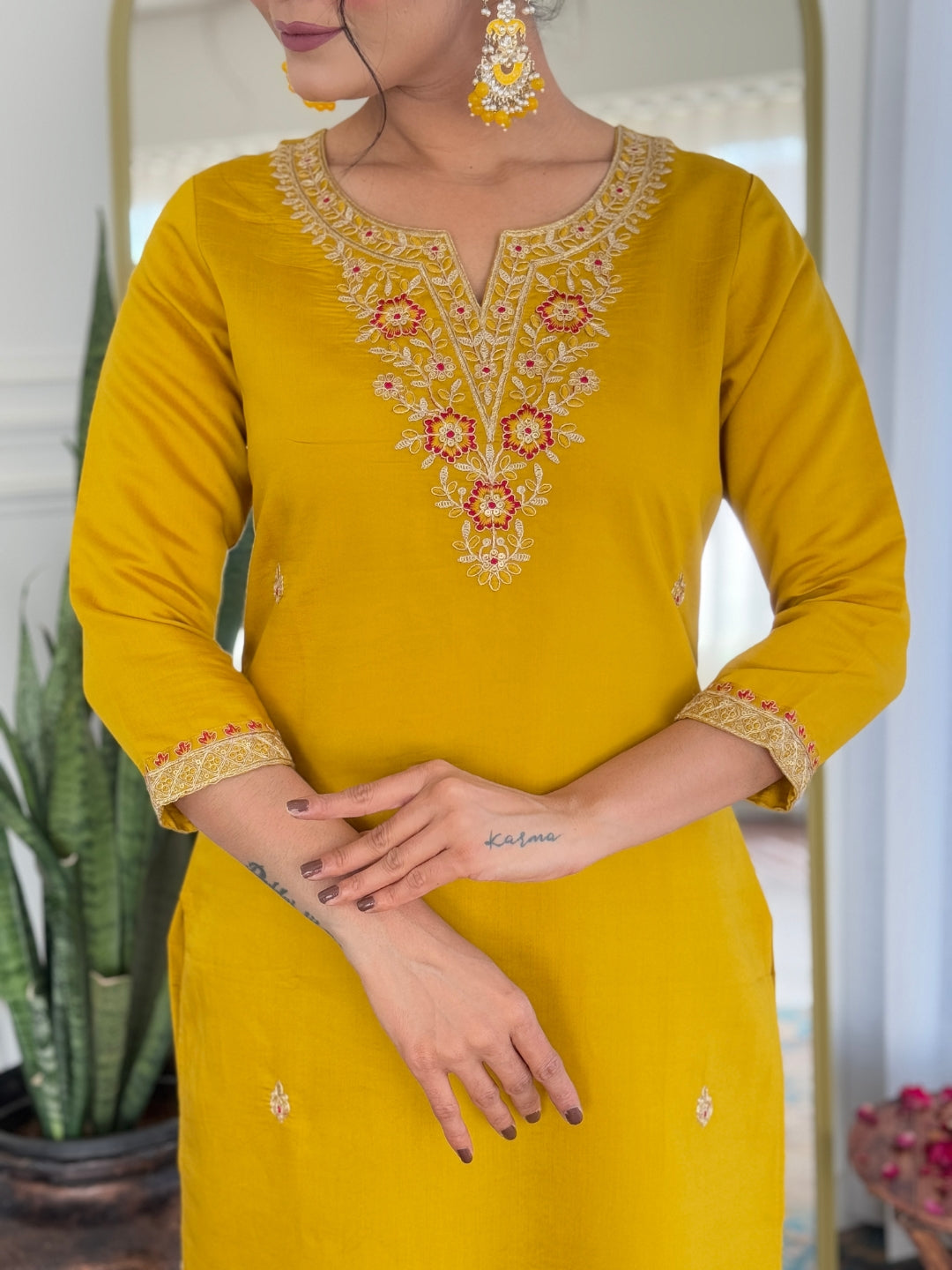 The52 Women's Beautiful Rayon Embroidery work Straight Kurta with Pant and Dupatta Set - Swadesiicart