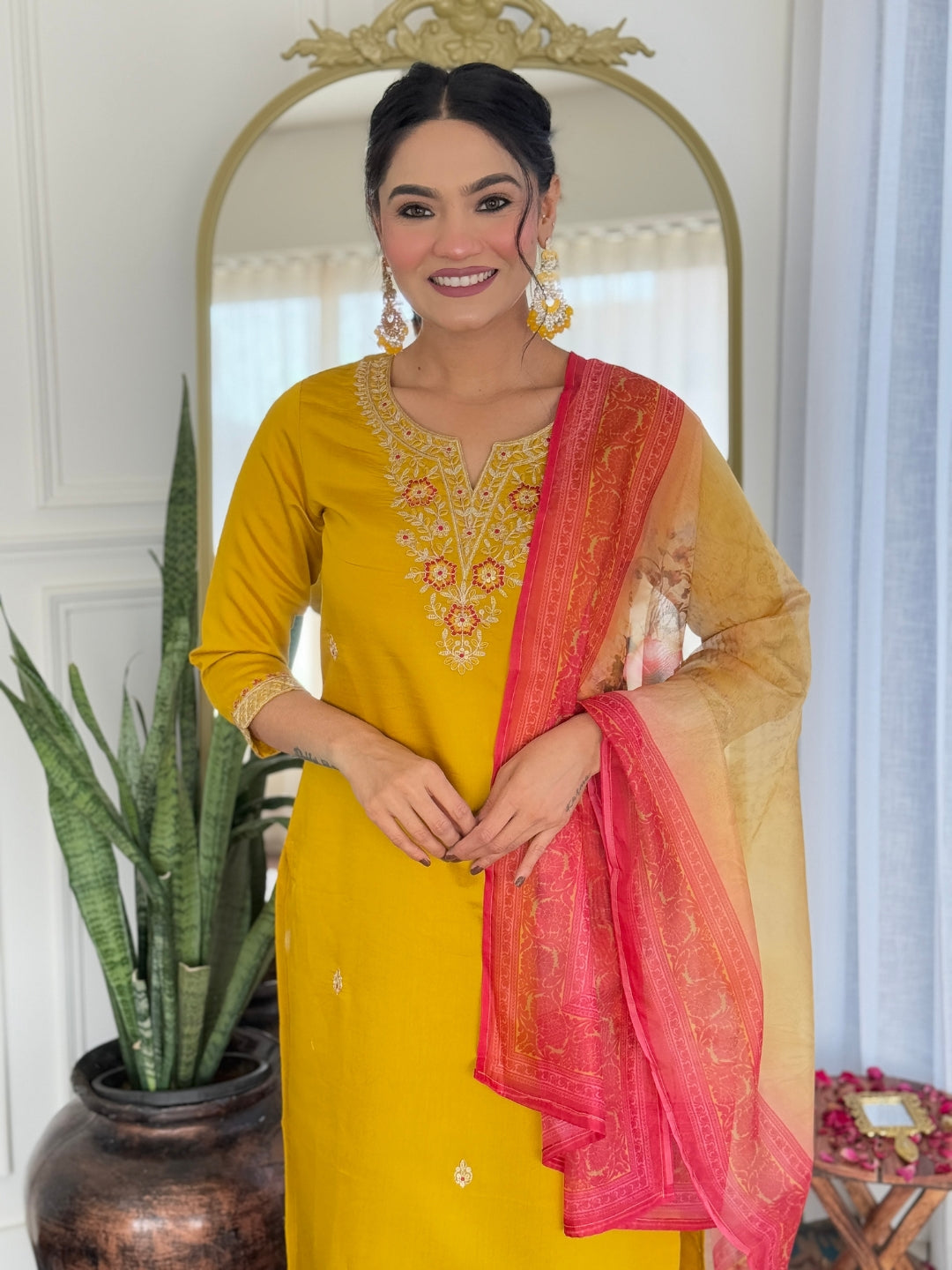 The52 Women's Beautiful Rayon Embroidery work Straight Kurta with Pant and Dupatta Set - Swadesiicart