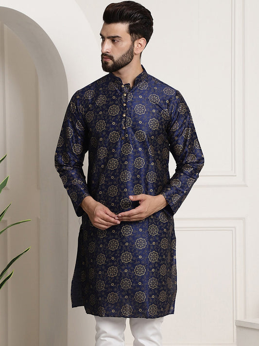 Sojanya Men Navy Blue & Golden Ethnic Motifs Printed Indigo Kurta | Swadesiicart