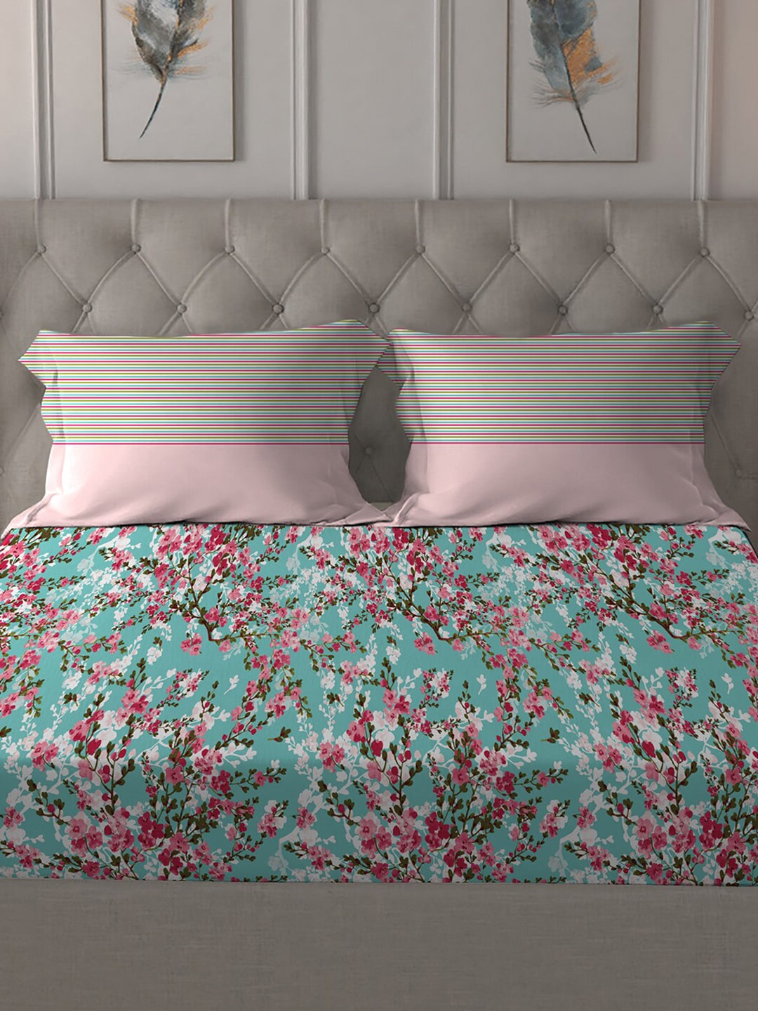 MYTRIDENT Turquoise Blue Pink Floral Pure Cotton 144 TC Queen Bedsheet 2 Pillow Covers - Swadesiicart