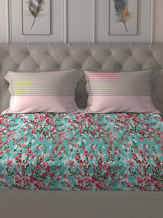 MYTRIDENT Turquoise Blue Pink Floral Pure Cotton 144 TC Queen Bedsheet 2 Pillow Covers - Swadesiicart