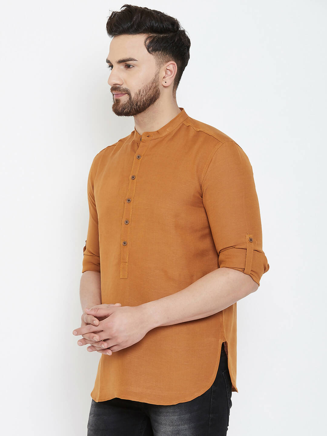 Even Apparels Brown Linen Men's Kurta With Band Collar | Swadesiicart