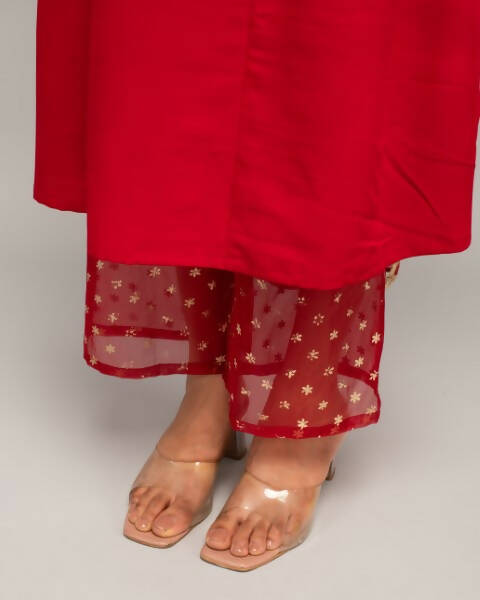 FIORRA Women's Red Creap A-Line Kurta Palazzo Set With Dupatta - Swadesiicart