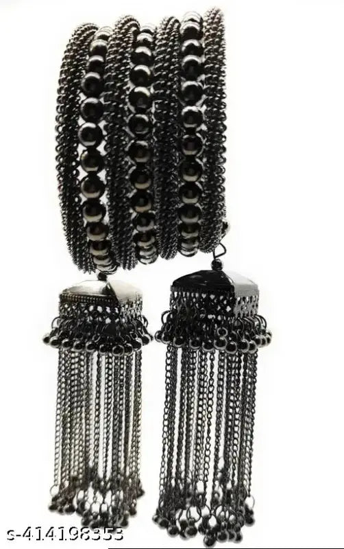 Tehzeeb Creations Women's Black Oxidised Spiral Bangle With Jhumki Style - Swadesiicart