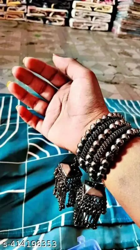 Tehzeeb Creations Women's Black Oxidised Spiral Bangle With Jhumki Style - Swadesiicart