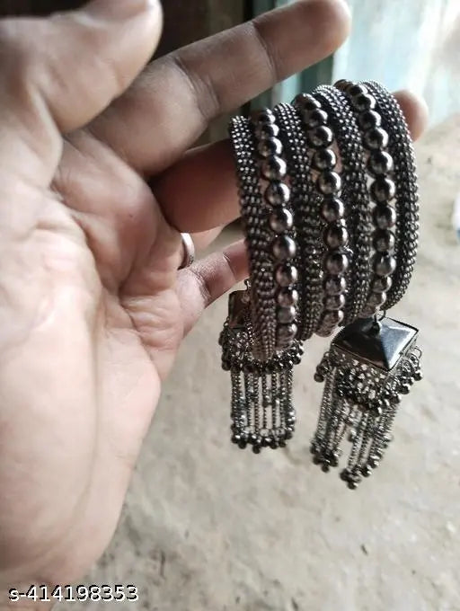 Tehzeeb Creations Women's Black Oxidised Spiral Bangle With Jhumki Style - Swadesiicart