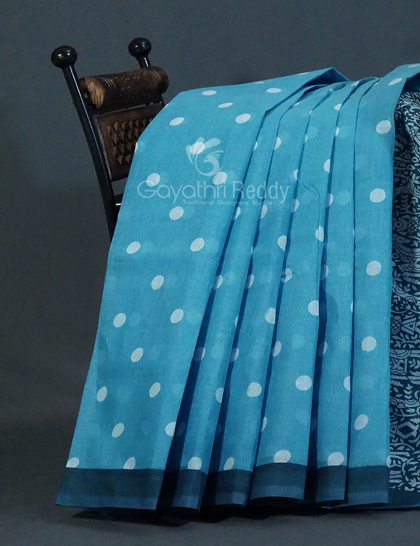 Shades of Sky Blue With Polka Print Munga Cotton Saree By Gayathri Reddy Designer Studio | Swadesiicart