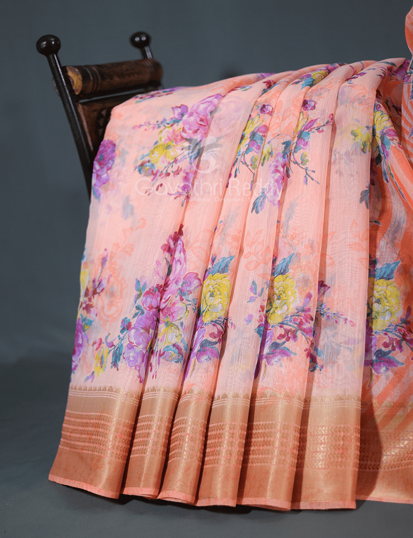 Shades of Light Peach With Floral Print Semi Chanderi Saree By Gayathri Reddy Designer Studio | Swadesiicart