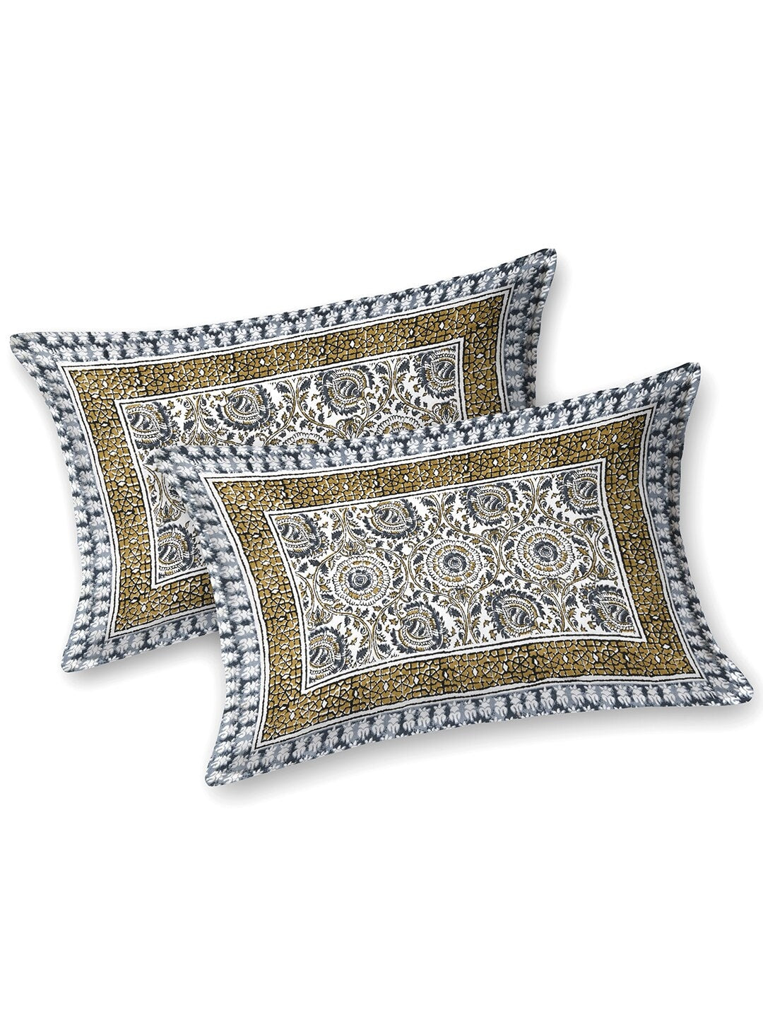 BELLA CASA Ethic White & Blue Printed Cotton 180 TC King Bedsheet with 2 Pillow Covers - Swadesiicart