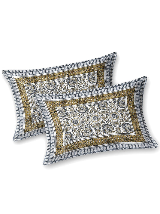 BELLA CASA Ethic White & Blue Printed Cotton 180 TC King Bedsheet with 2 Pillow Covers - Swadesiicart