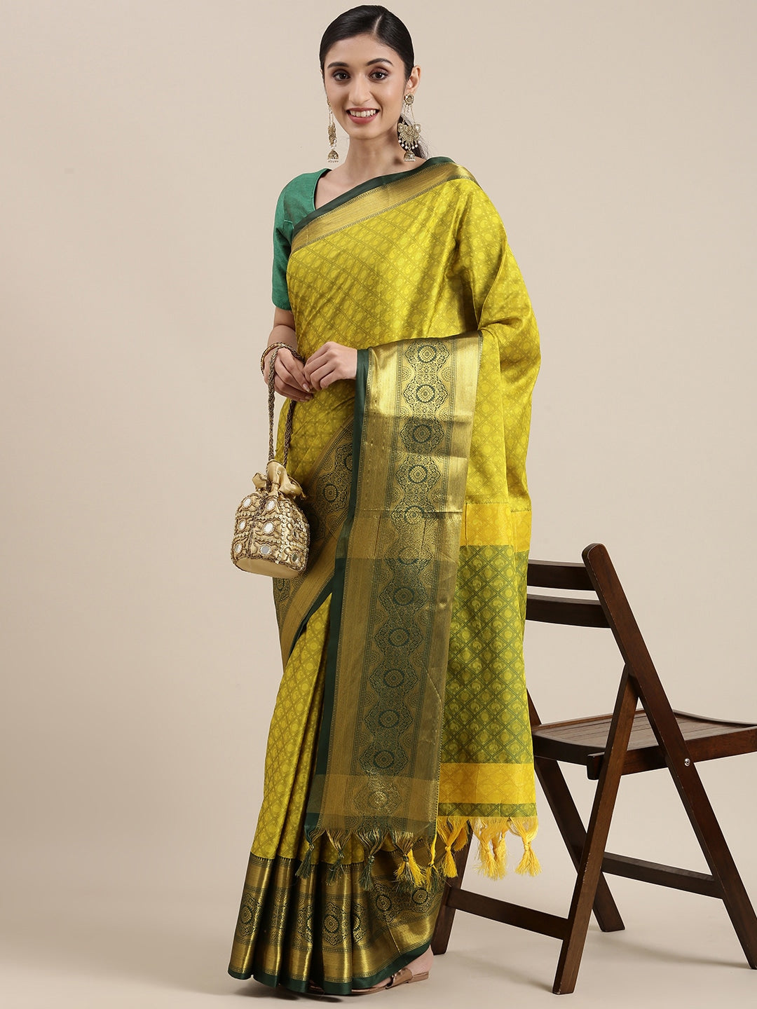 Mitera Olive Green Ethnic Motifs Zari Silk Cotton Banarasi Saree | Swadesiicart