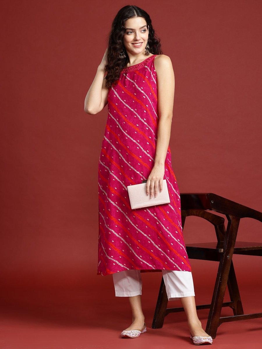 Anouk Leheriya Printed Halter Neck Thread Work Kurta - Swadesiicart