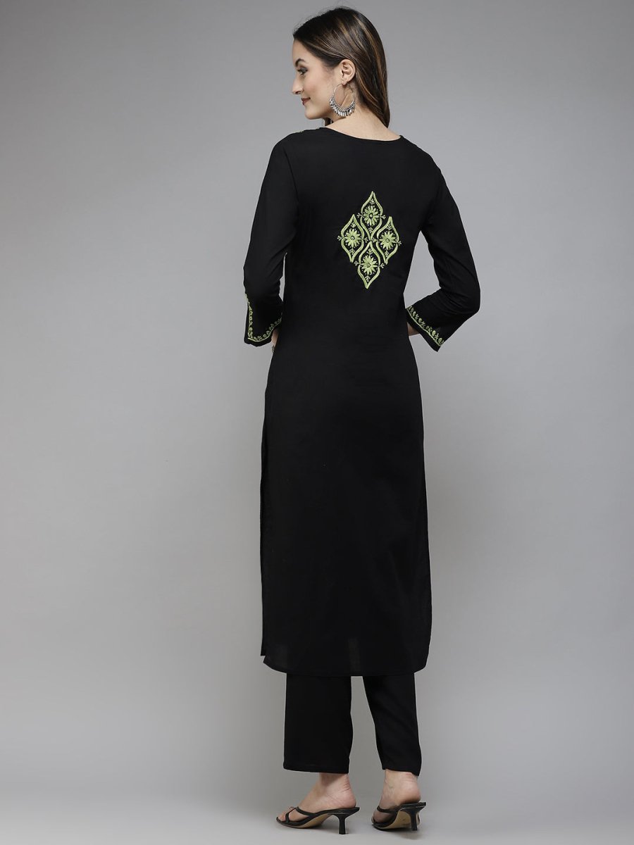 ADA Women Black & Green Ethnic Motifs Embroidered Chikankari Handloom Handloom Kurta | Swadesiicart