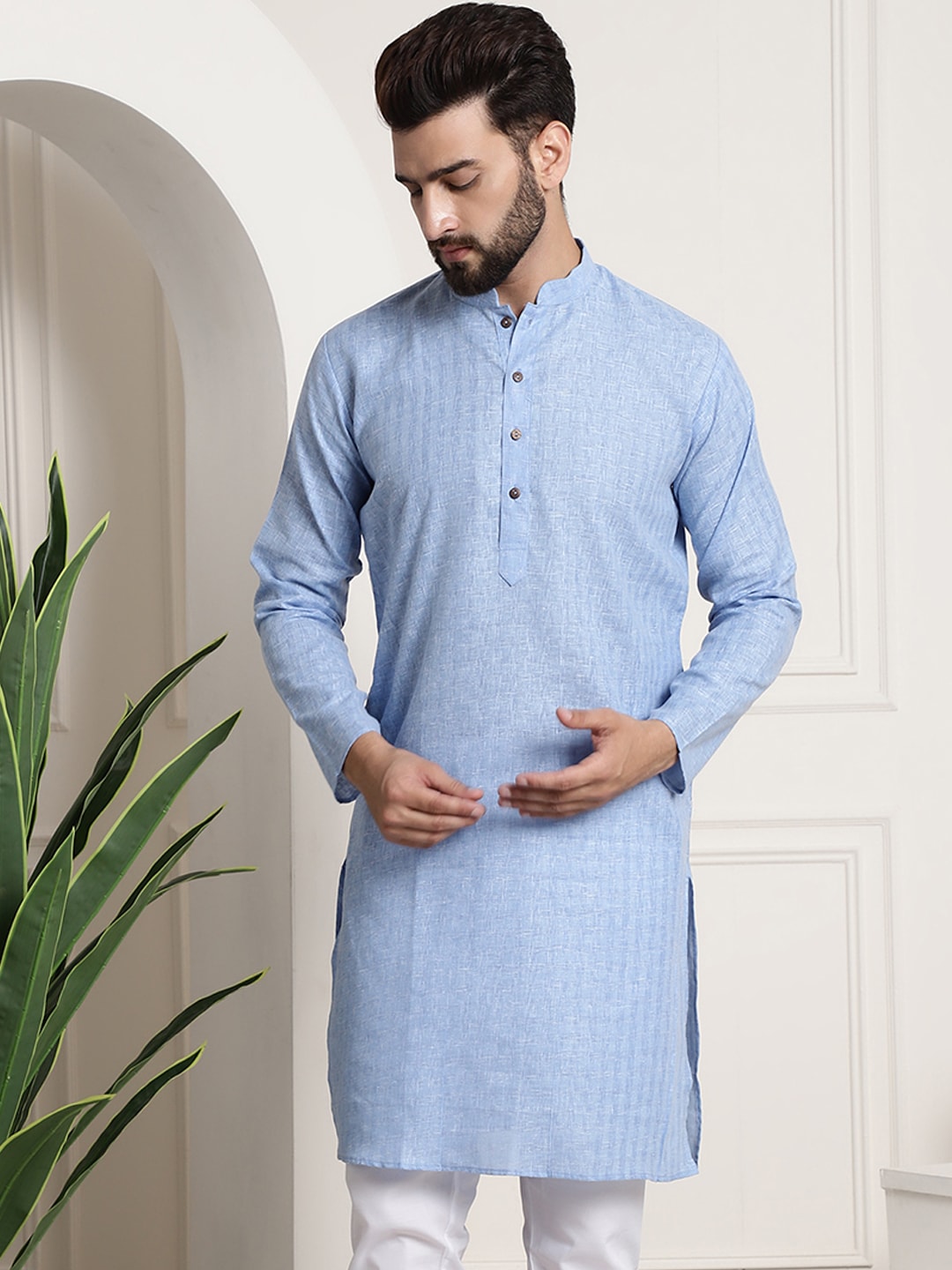 Sojanya Men Blue Dobby Self-Checked Straight Kurta | Swadesiicart
