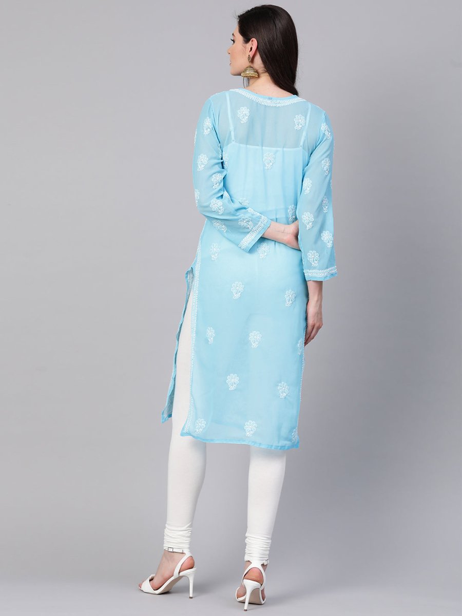 ADA Women Blue & White Chikankari Embroidered Sheer Straight Sustainable Handloom Kurta | Swadesiicart