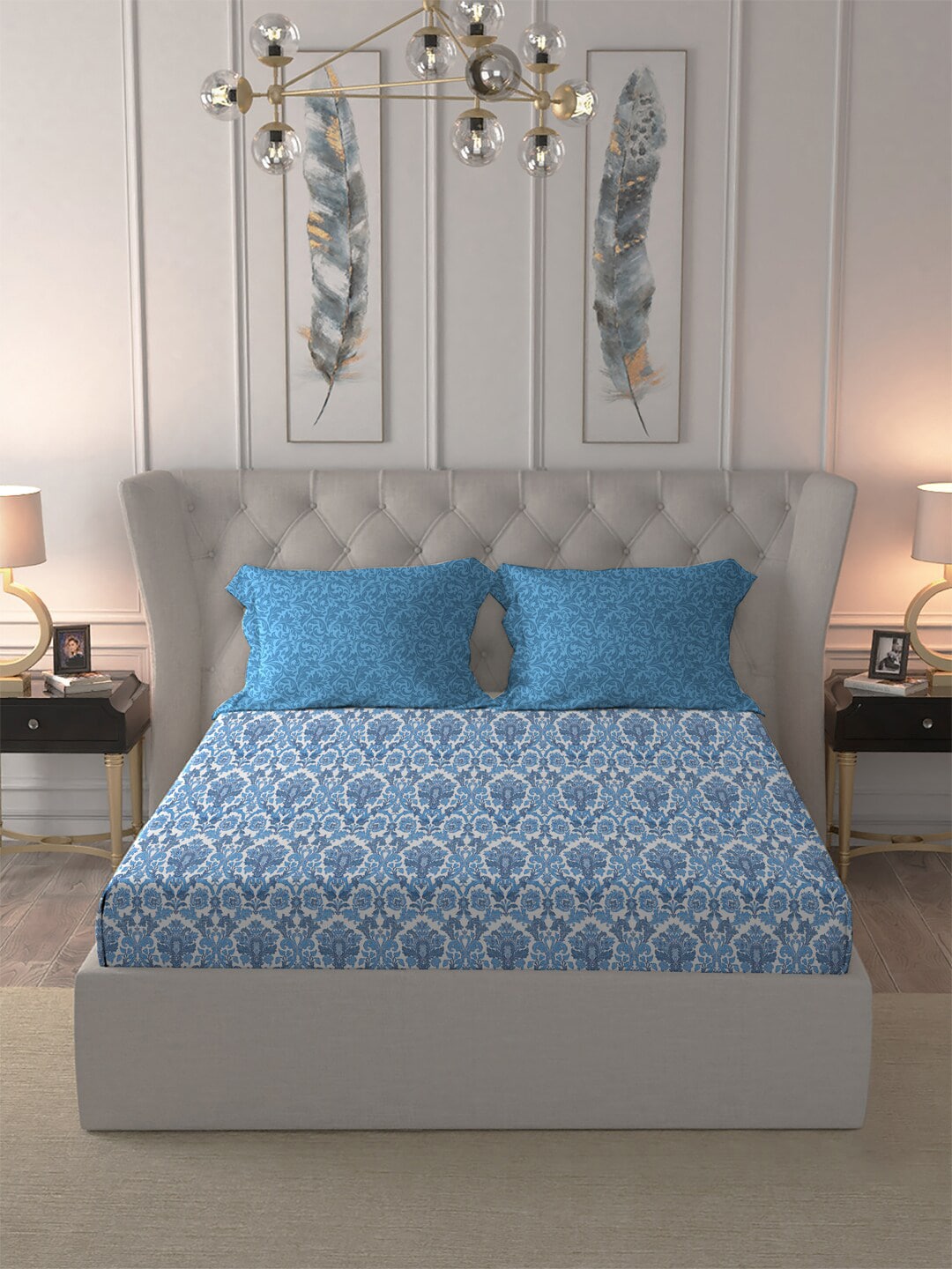 MYTRIDENT Blue White Ethnic Motifs Pure Cotton 120 TC Queen Bedsheet With 2 Pillow Covers - Swadesiicart