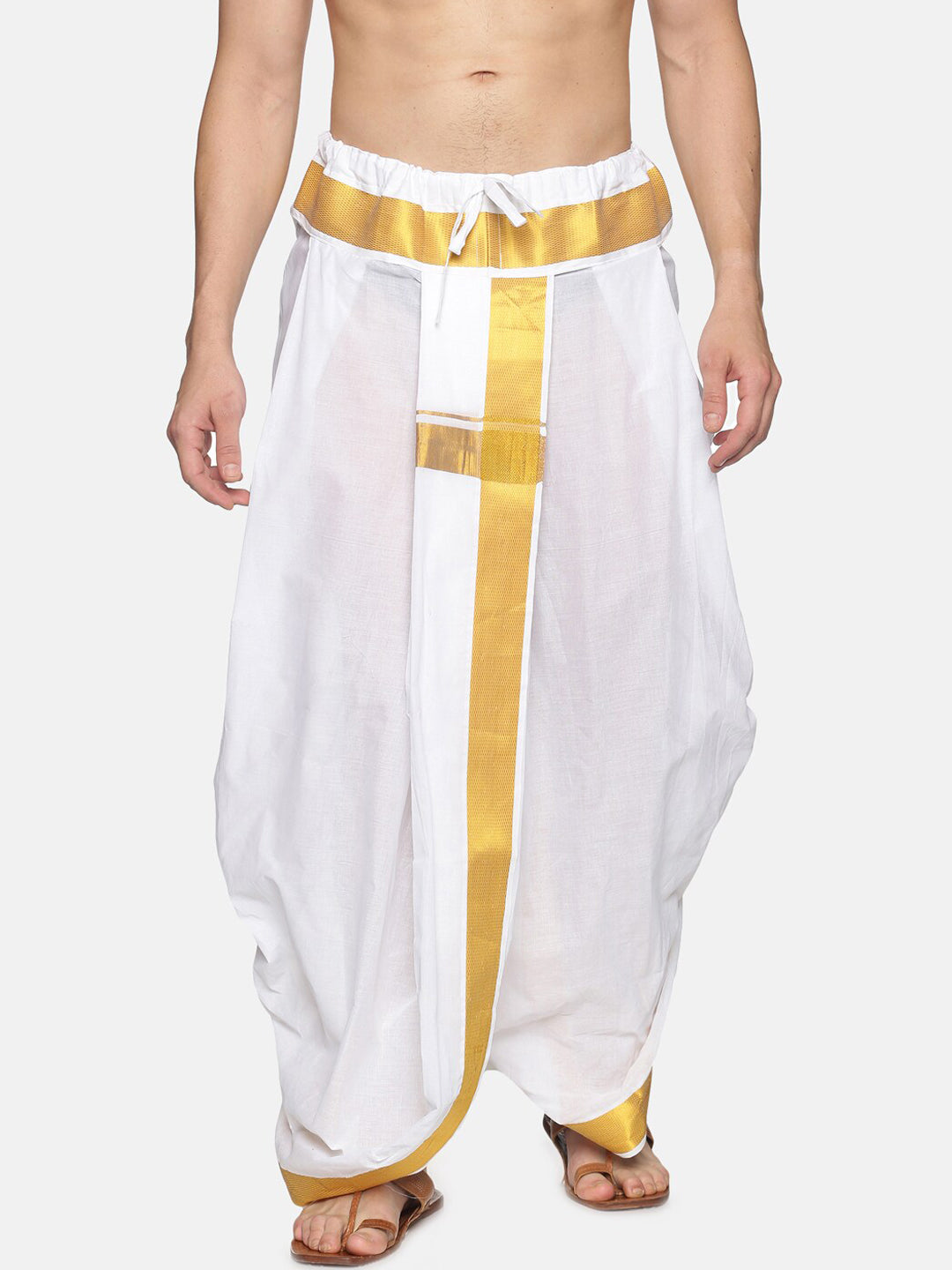 Sethukrishna Men White & Gold-Coloured Solid Readymade Dhoti Pant | Swadesiicart