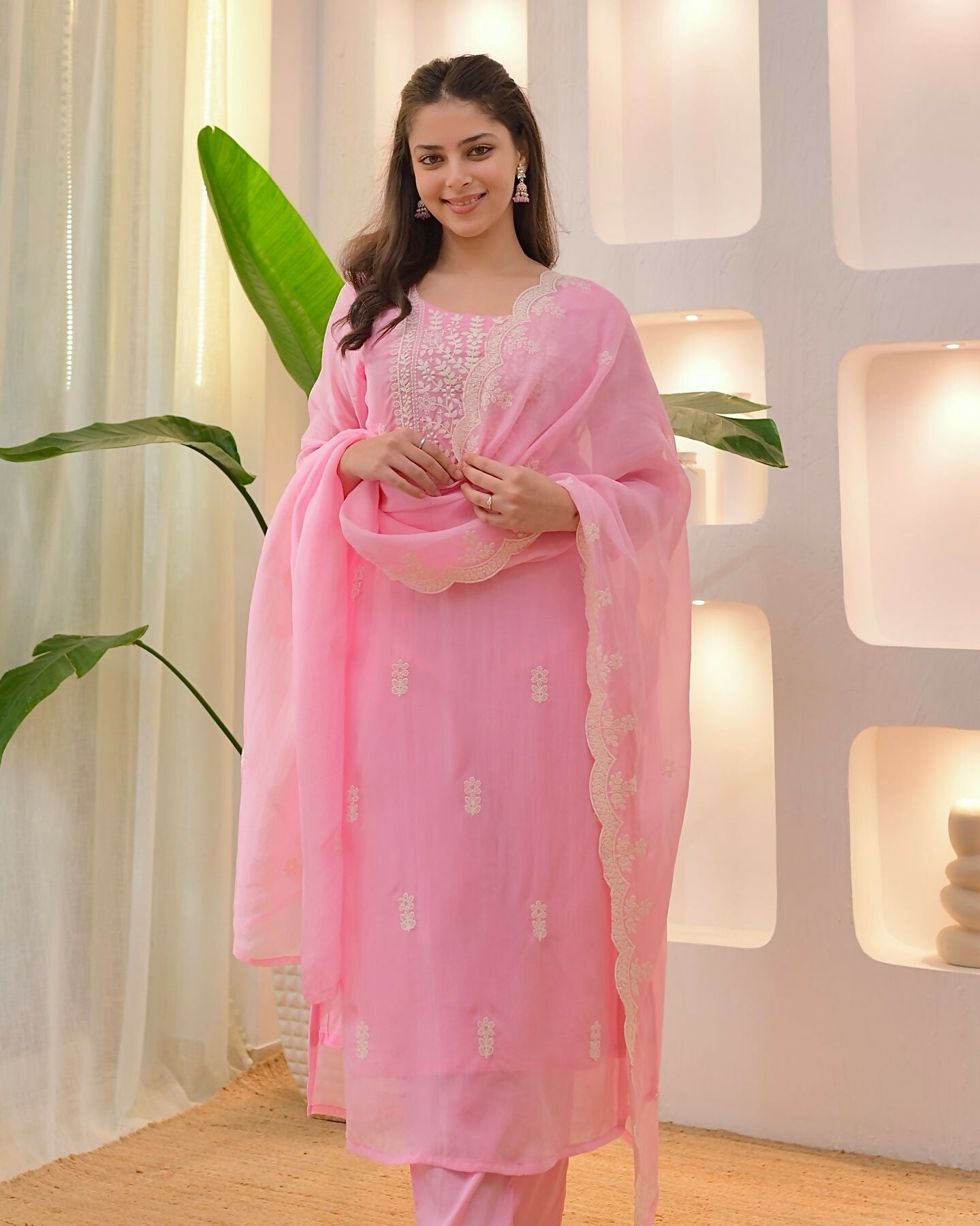 The52 Pink Women's Beautiful Chikankari Work Chanderi Fabric Straight Kurta Pant and Dupatta Set - Swadesiicart