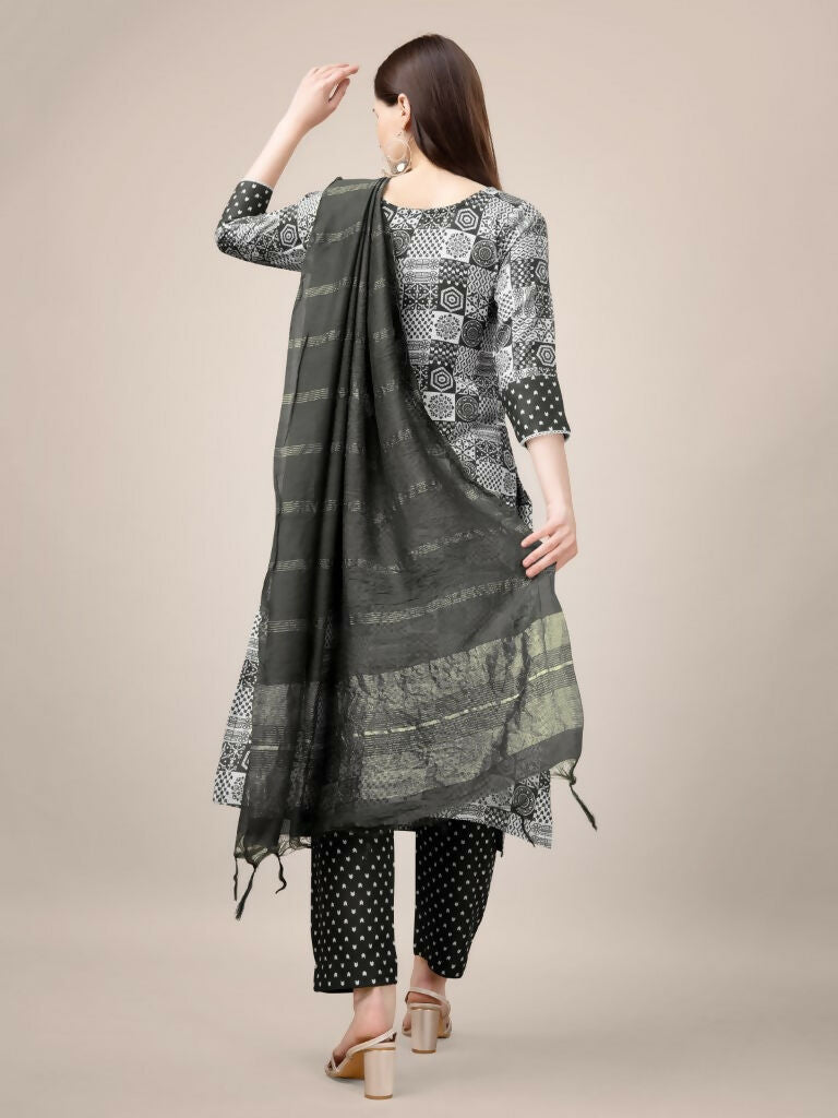Jyoti Fashion Women's Black Rayon Print with Embroidery & Fancy Lace Work Kurta with Trouser & Dupatta | Swadesiicart