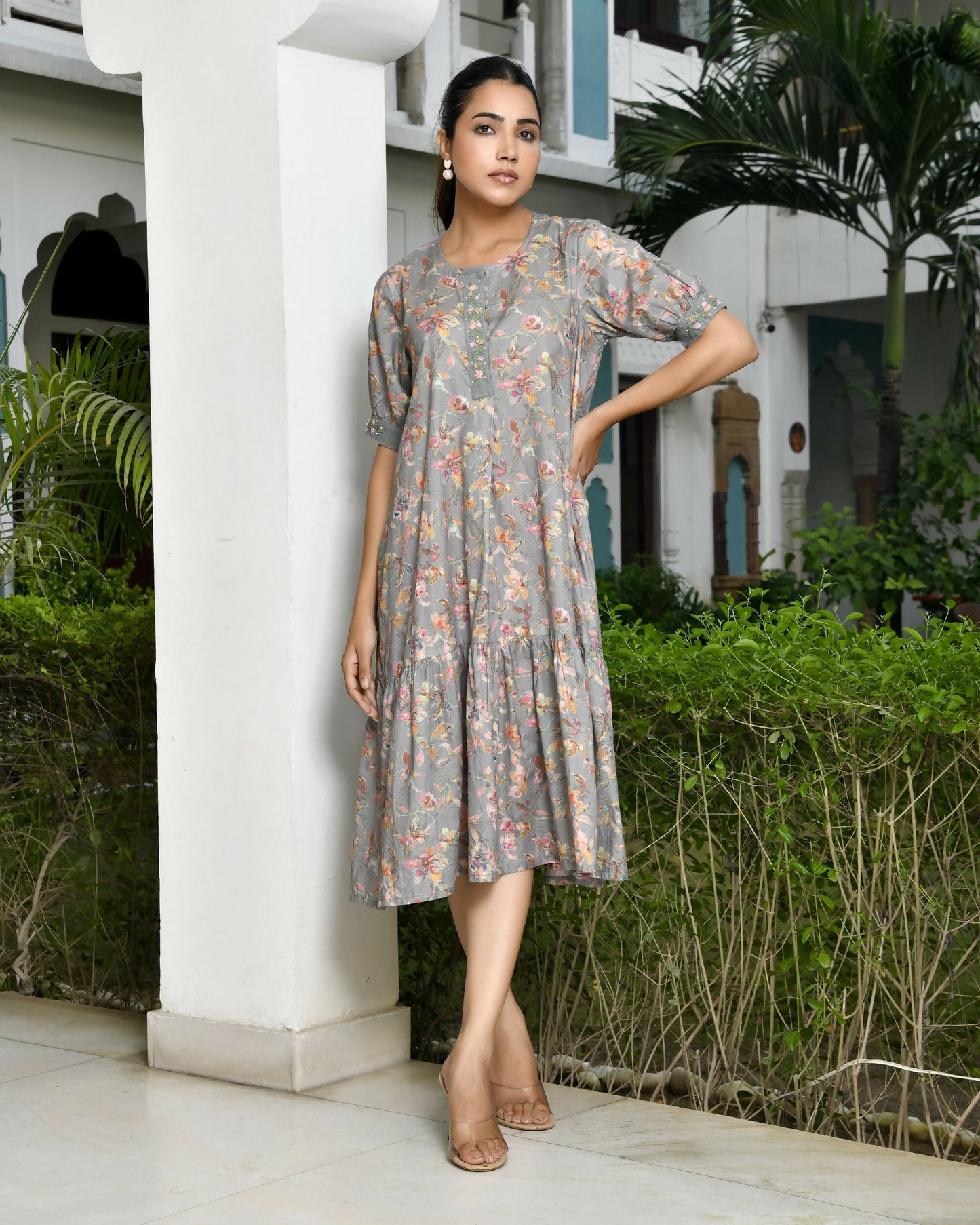 Vaasva Women's Grey Cotton Digital Printed Embroidered Placket Dress | Swadesiicart