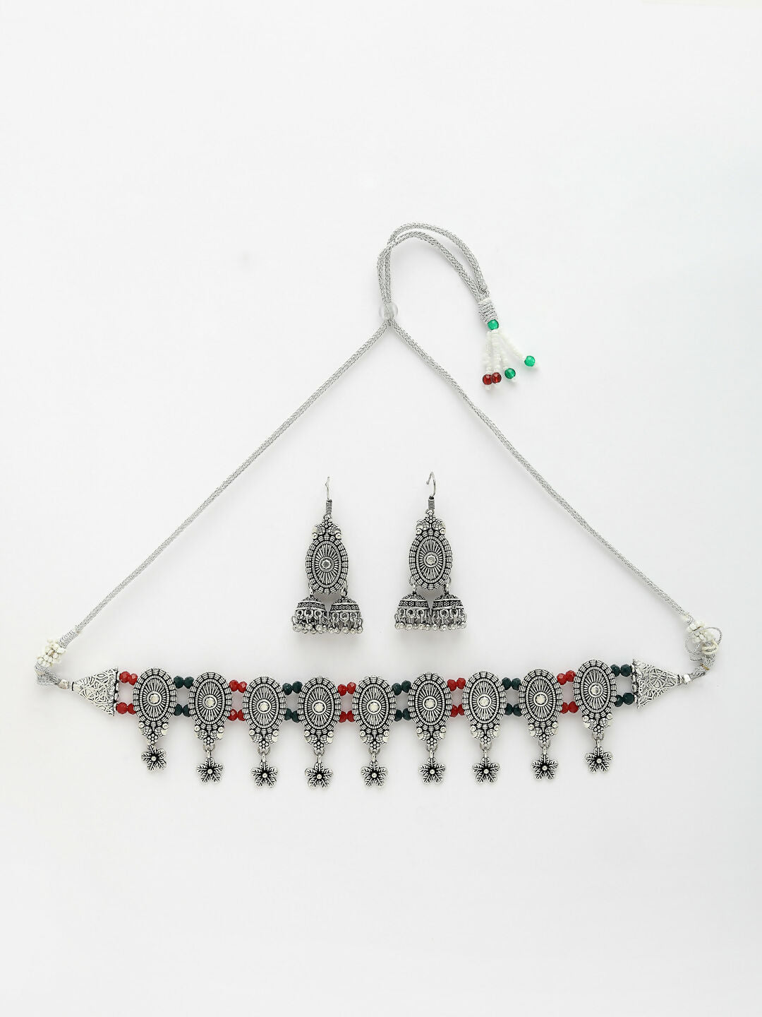 NVR Women's Silver-Plated Choke Oxidized Necklace with Jhumka Earrings - Swadesiicart