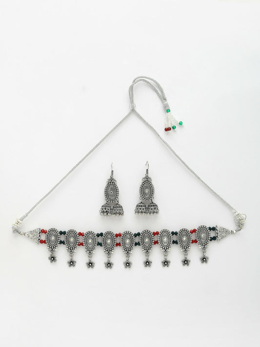 NVR Women's Silver-Plated Choke Oxidized Necklace with Jhumka Earrings - Swadesiicart